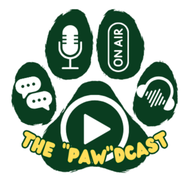 The "Paw"dcast text over a pawprint with icons for chat bubbles, a microphone, on air, headphones, and a play button