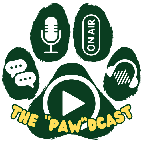 a pawprint background with icons of speech bubbles, a microphone, on air sign, headphones, and play symbol overlaid.  Text says The "Paw"dcast