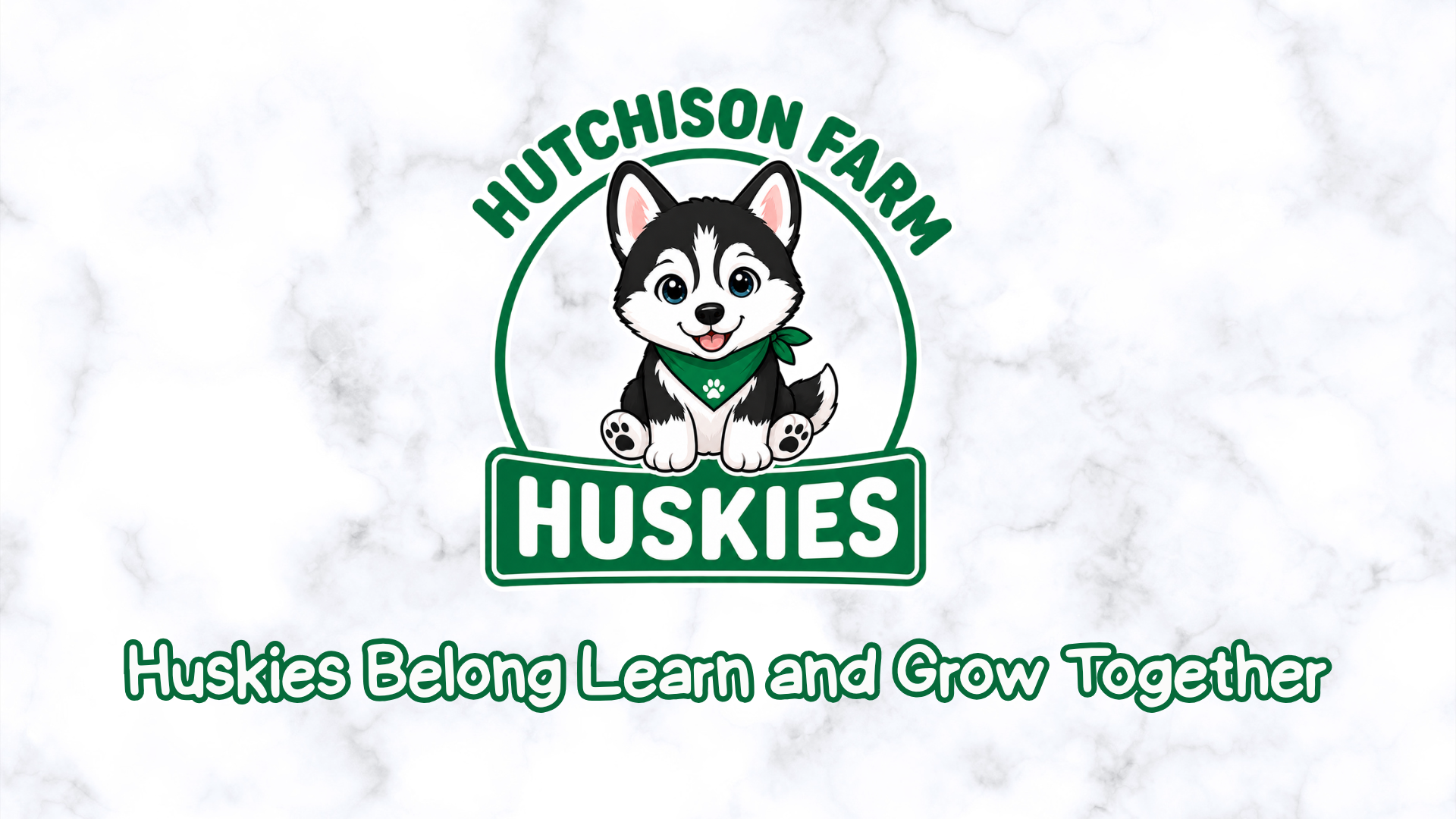 Logo with a husky in a green collar sitting on a green sign against a marble background.