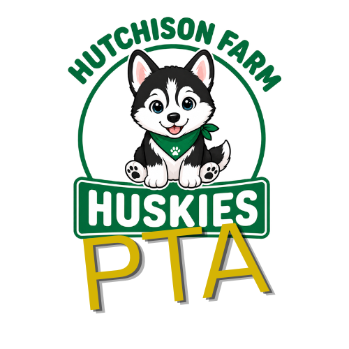 Logo featuring a husky sitting on a green sign, text reads "HUTCHISSON FARM HUSKIES PTA" with a green circle border.