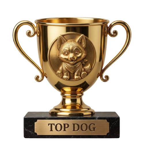 Gold trophy with a dog design on the side and "TOP DOG" written on the base.
