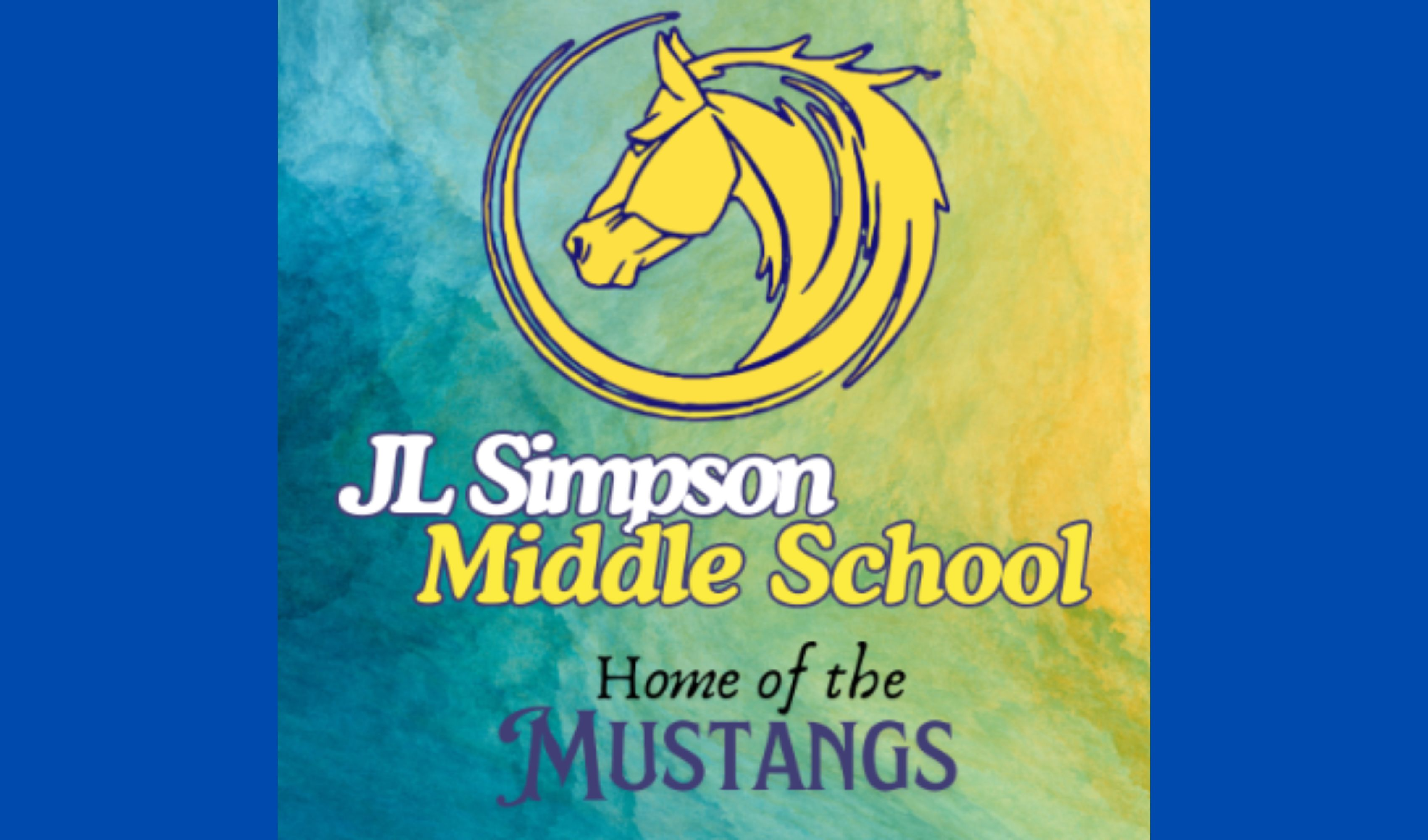 J.L. Simpson Middle School Mustangs Logo on blue and yellow background