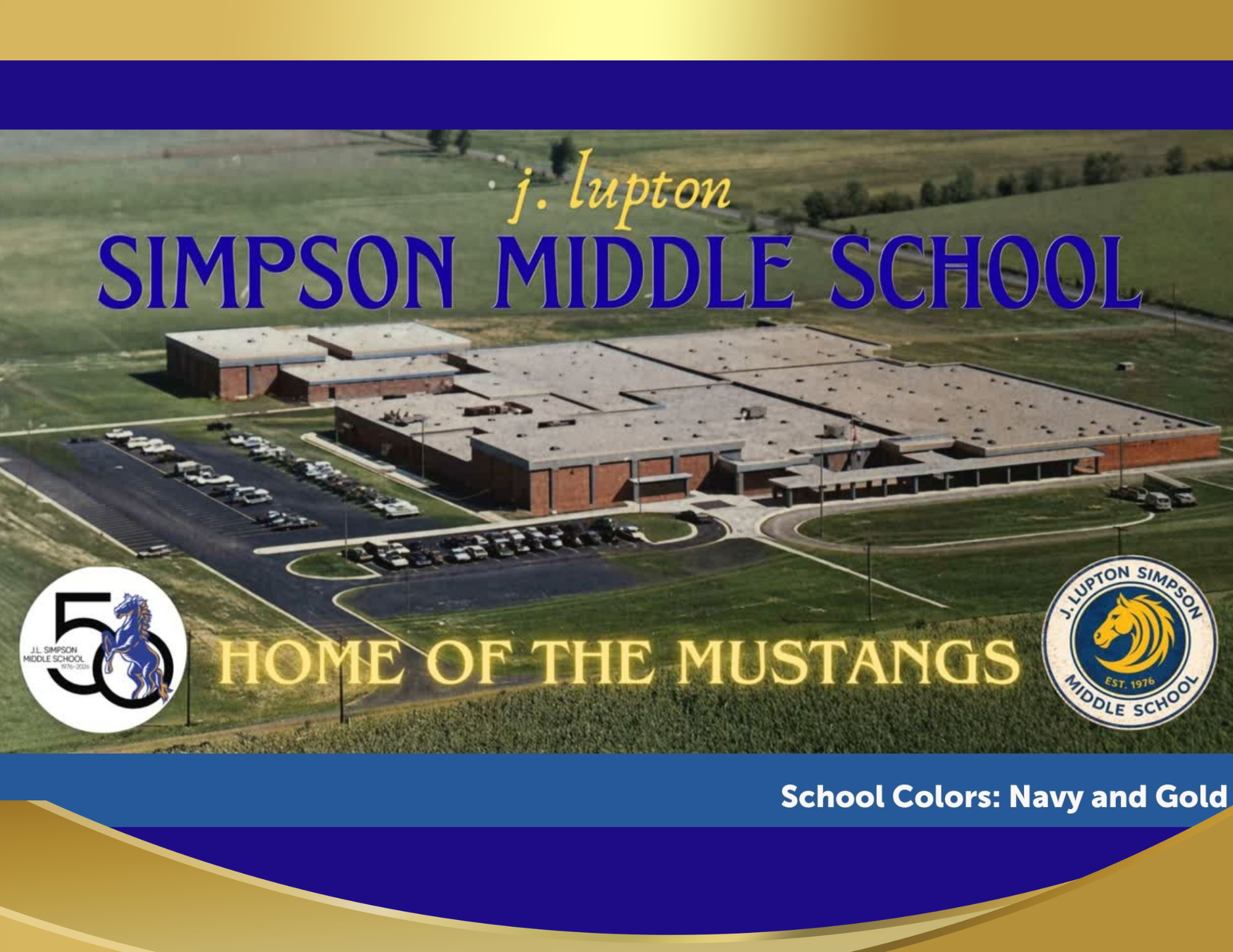 Aerial view of Simpson Middle School, featuring a large building, parking lot, and green grass. Text highlights school name and mascot.