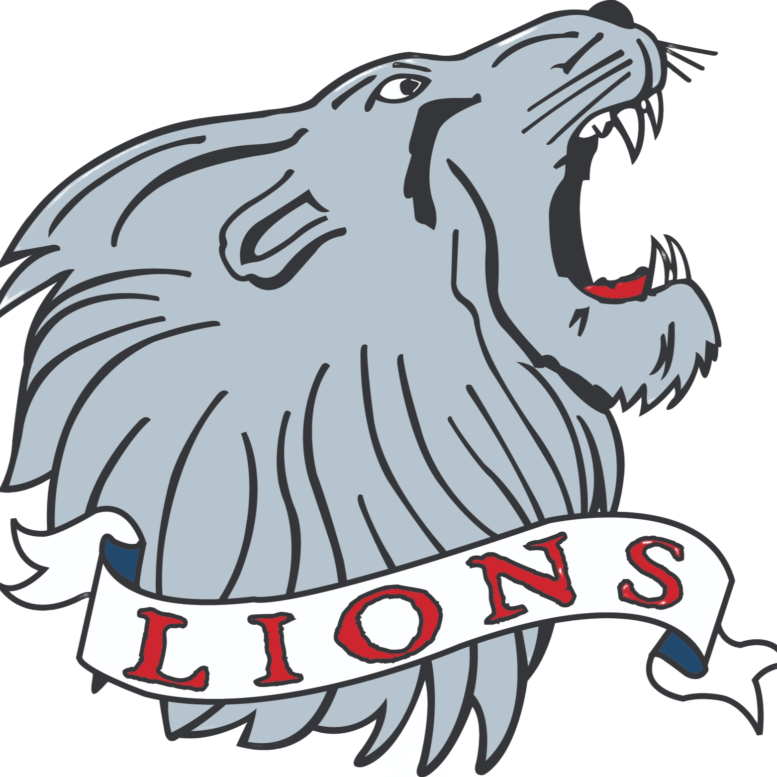 A stylized lion with a mane roars on a black background. The word "LIONS" is displayed in red beneath the lion.