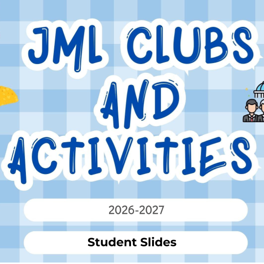 Blue checkered background with "JML Clubs and Activities" in bold blue. Icons of a lion, musical notes, food, games, and more.