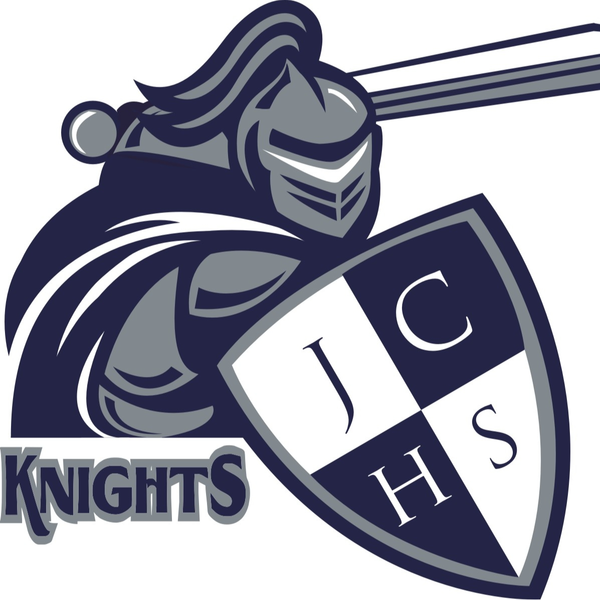 Picture of Champe's knight mascot holding a shield with letters JCHS in one hand and raising a sword in the other.