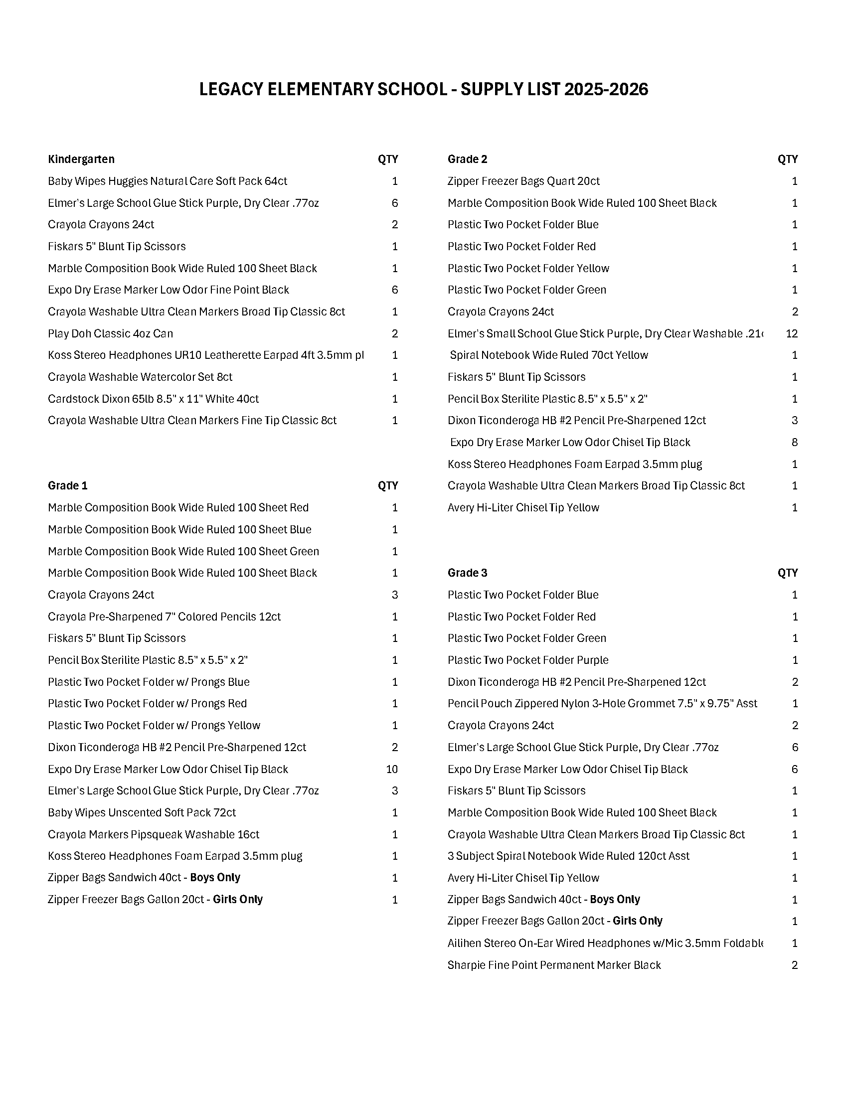 School Supplies By Grade Level for Legacy Elementary