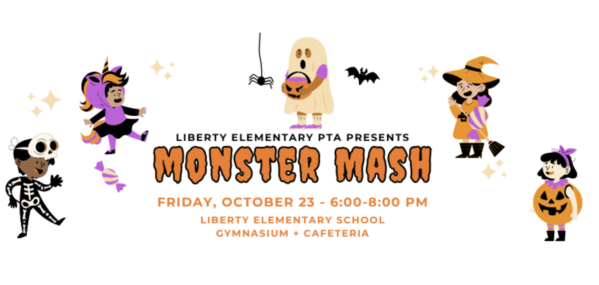 Flyer for an event called Monster Mash with cartoon characters dressed in Halloween costumes and pumpkins.