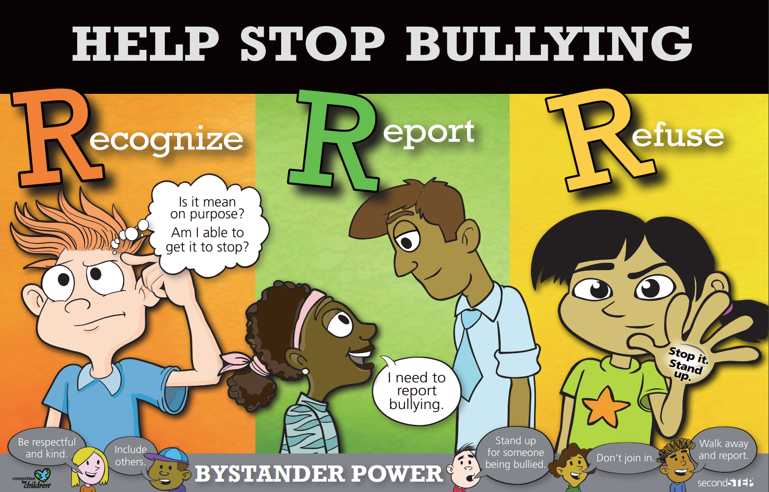 3 R's bullying poster that showcases to Help Stop Bullying: Recognize, Report, and Refuse. At the bottom of the poster, it says bystander power with the following ways to show that: Be respectful and kind, include others, stand up for someone being bullied, don't join in, and walk away and report.