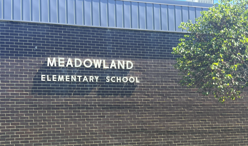 A brick wall displays the words "Meadowland Elementary School" in white. A tree partially obscures the upper right corner.