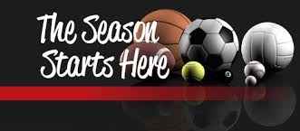 the season starts here wording; with photos of basketball, football, soccer,soft and baseball,and tennis