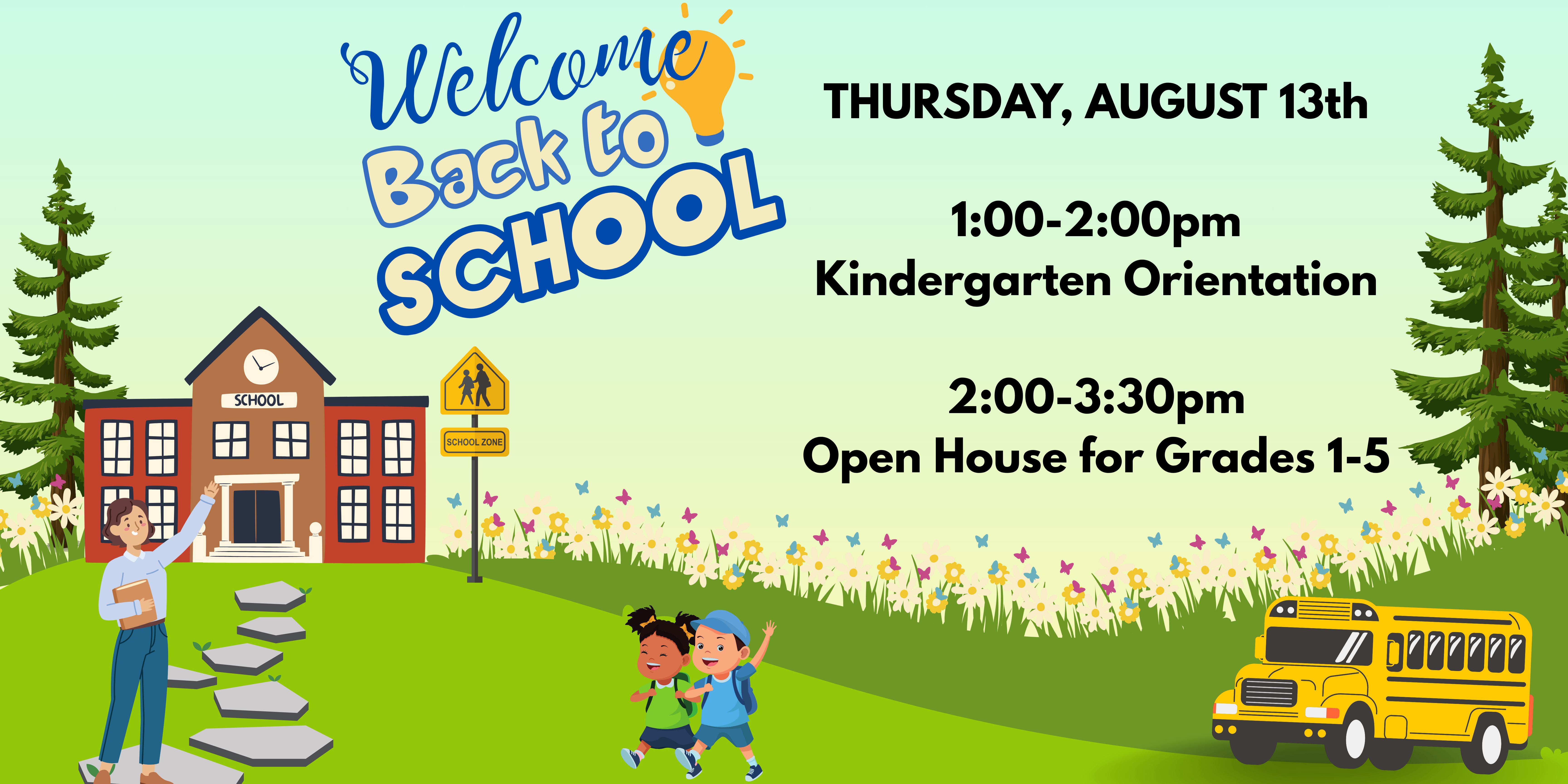 A colorful flyer for a back-to-school event with a school, children, and a school bus on a green lawn.