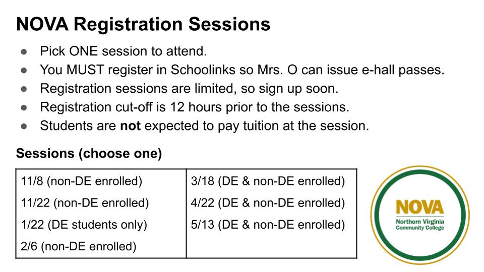 NOVA Registration sessions