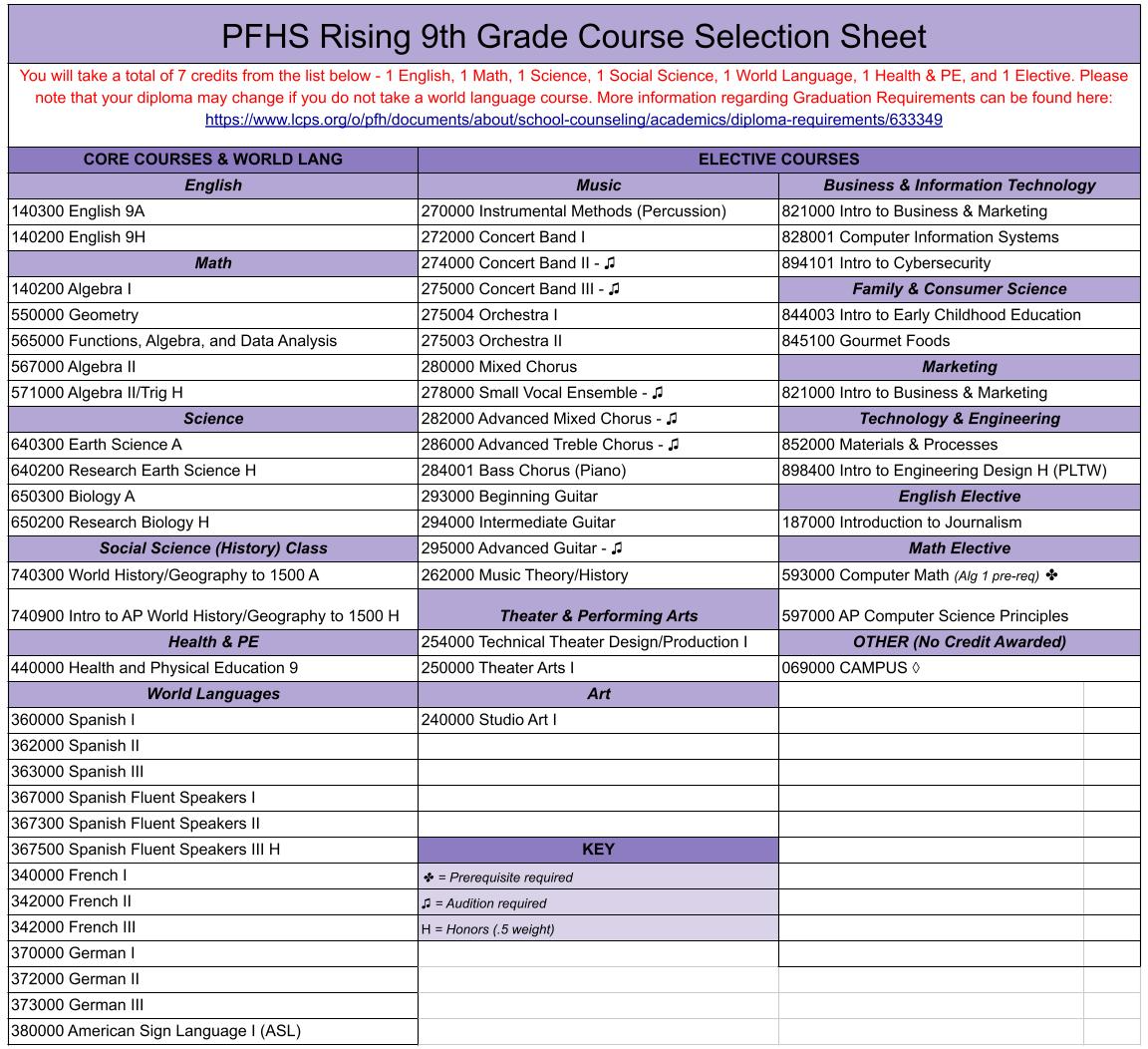 Rising 9th course offerings