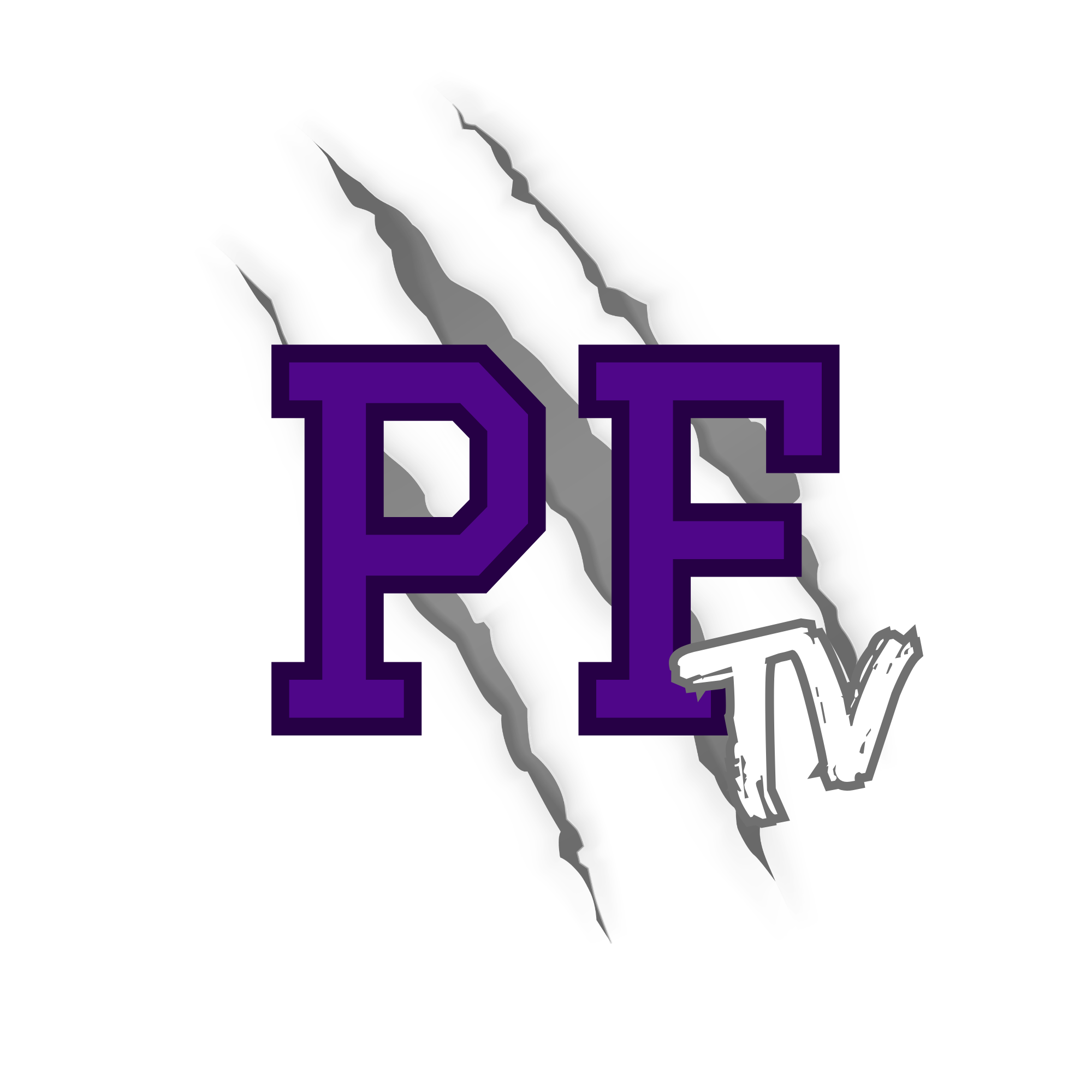 Logo with purple "PF" and white "TV" on white background. Claw marks tear through the "PF".