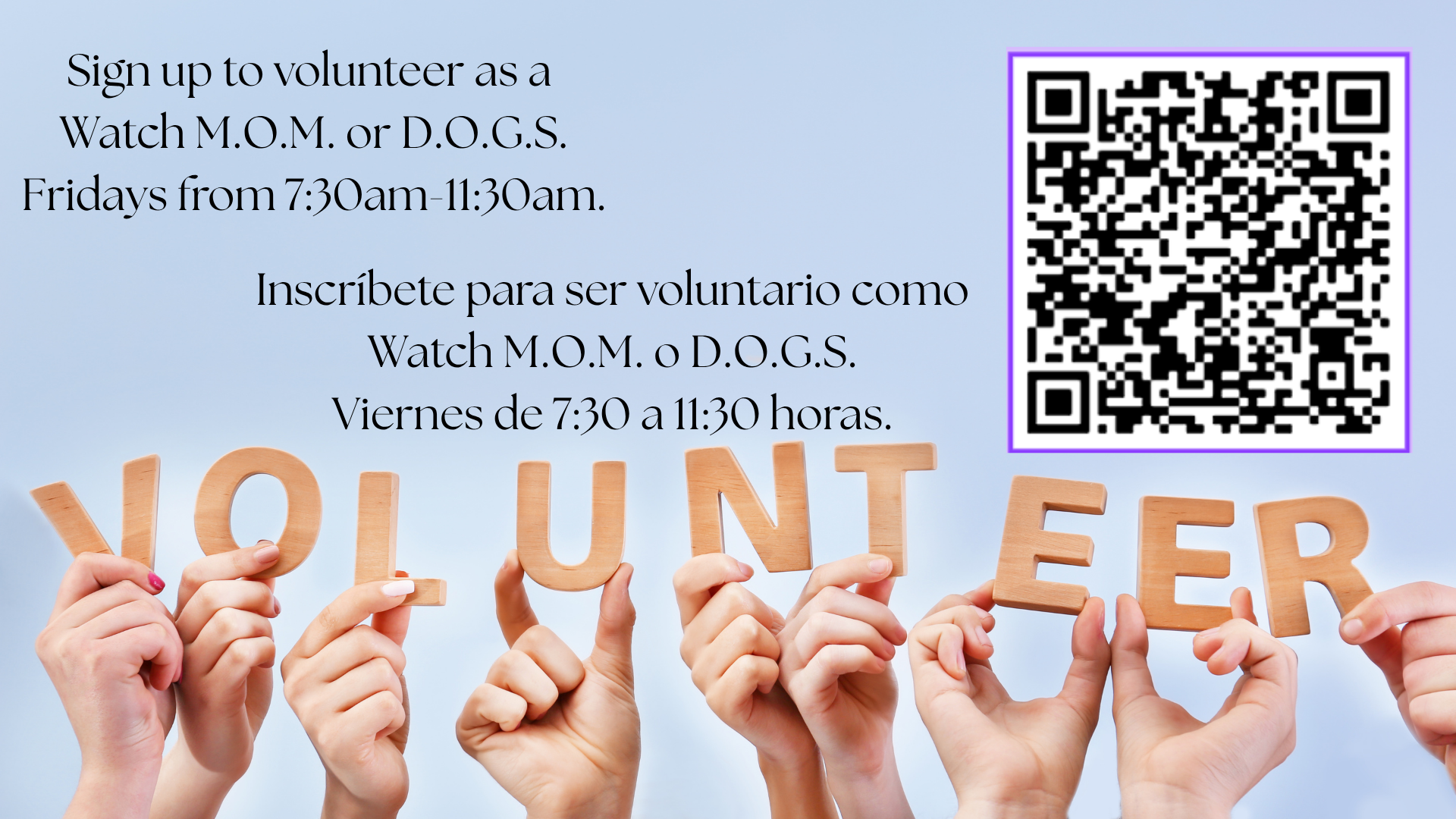 Text and hands holding letters spelling "VOLUNTEER" and a QR code in the upper right corner.