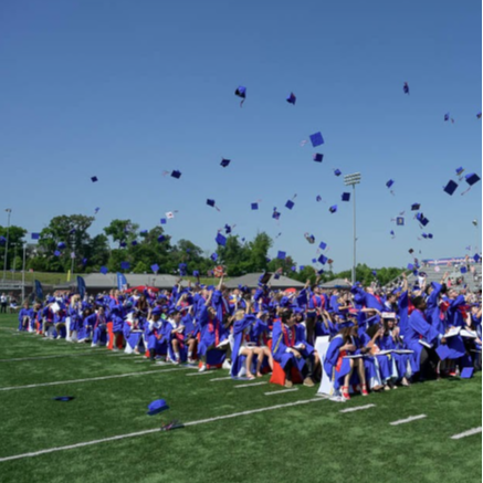 Graduation caps being thrown in the air