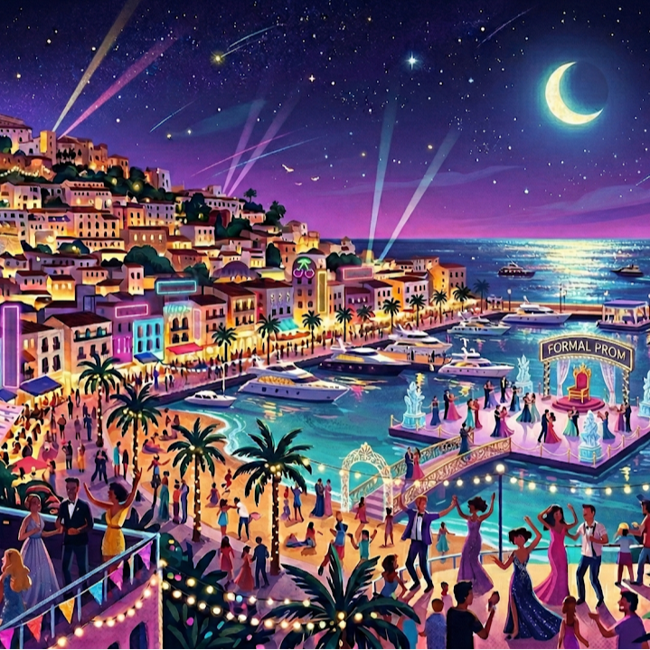 Photo depicting people dancing on a beach, dock, and on rooftops to celebrate FORMAL PROM.