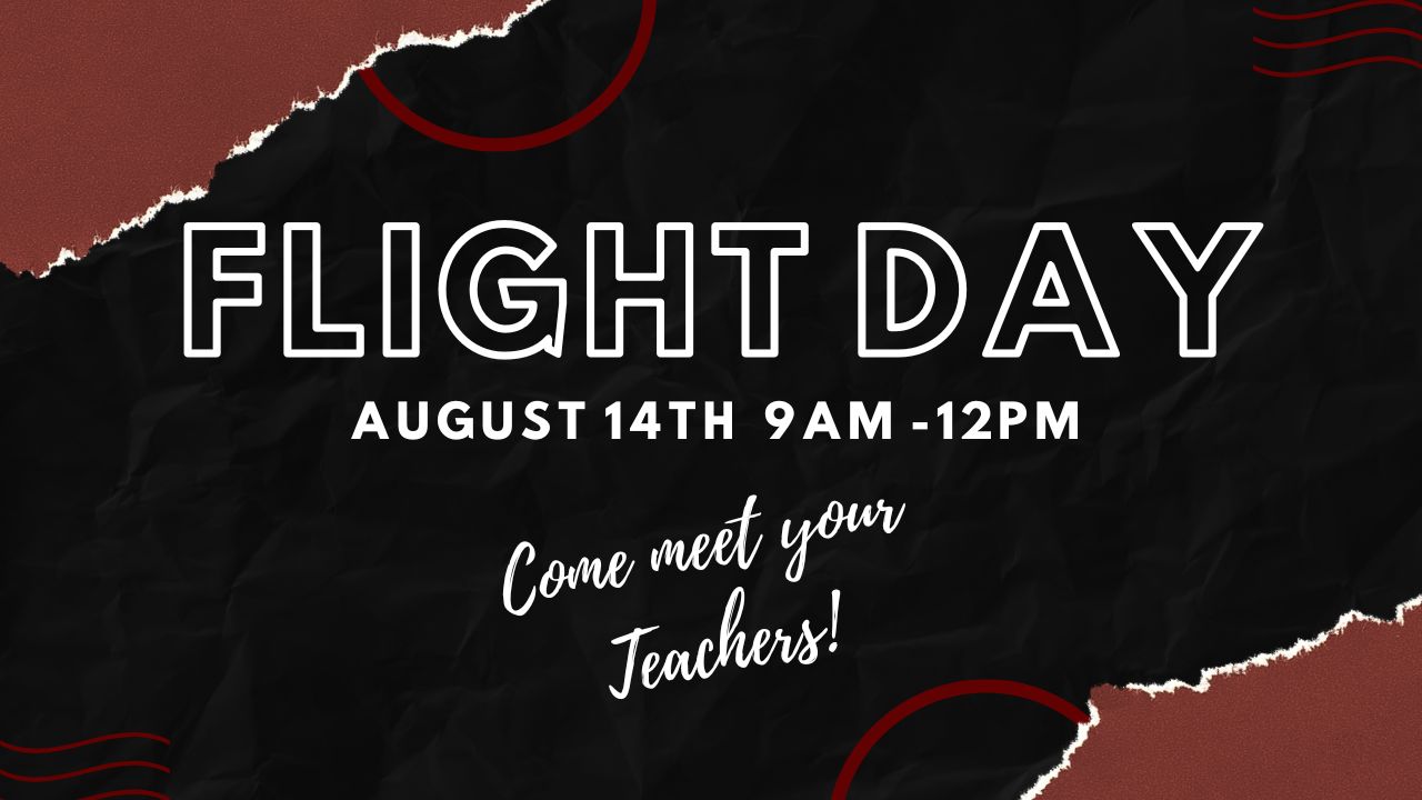 A black, red, and white graphic for Flight Day. The text is bold white. Date and time are below.