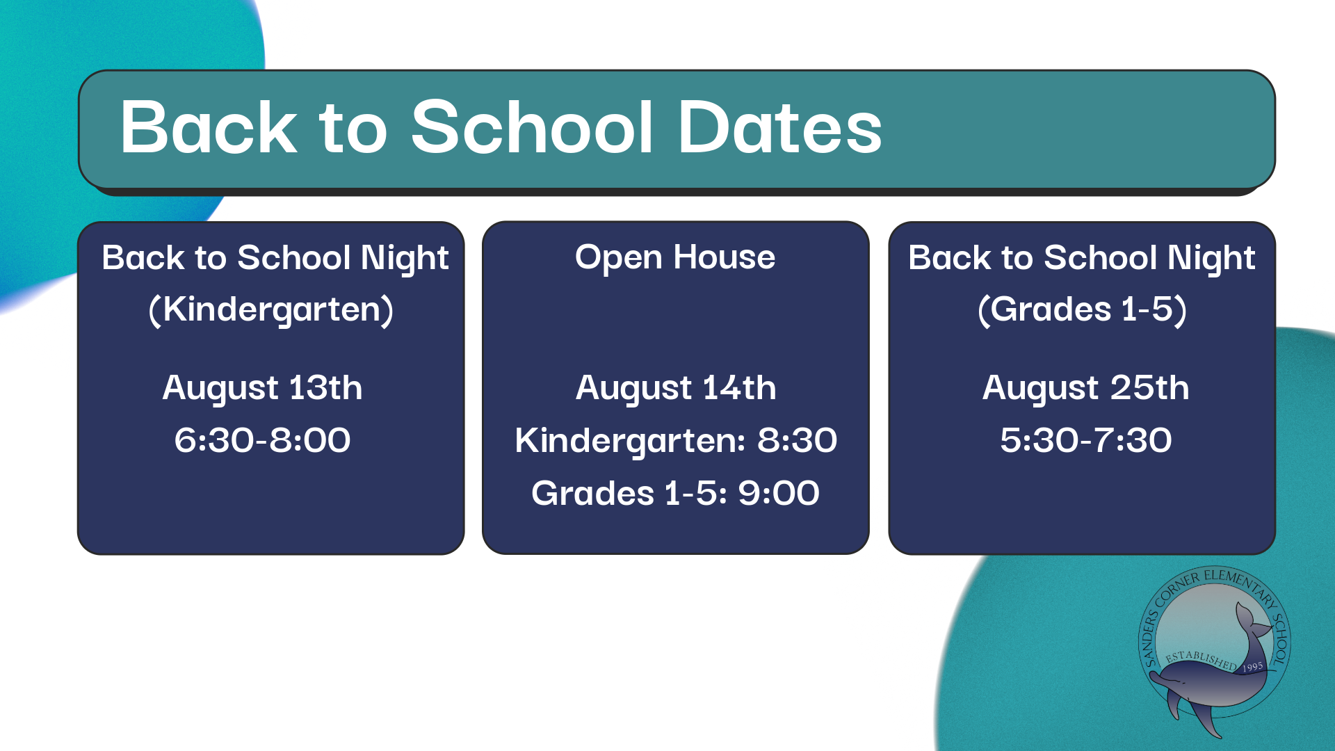 Display with three sections. Each lists dates and times for "Back to School Night" and "Open House" events.