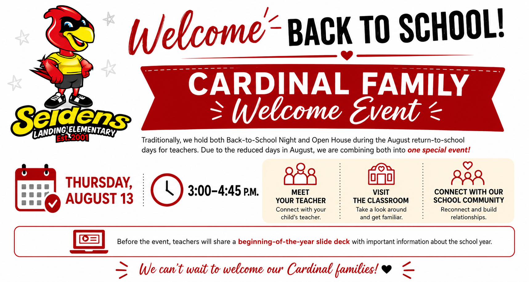 A poster advertising the "Cardinal Family Welcome Event" with a cardinal mascot, a calendar, time, and an invitation to meet teachers.