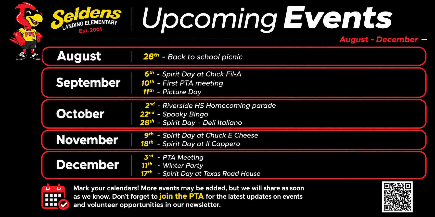An event calendar lists upcoming events from August to December. The logo and the date "2021" are on the left.