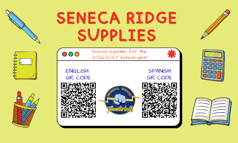 Bright yellow background with "Seneca Ridge Supplies" text. Items like pencils, pens, calculator, books, and baskets. QR codes in the center.