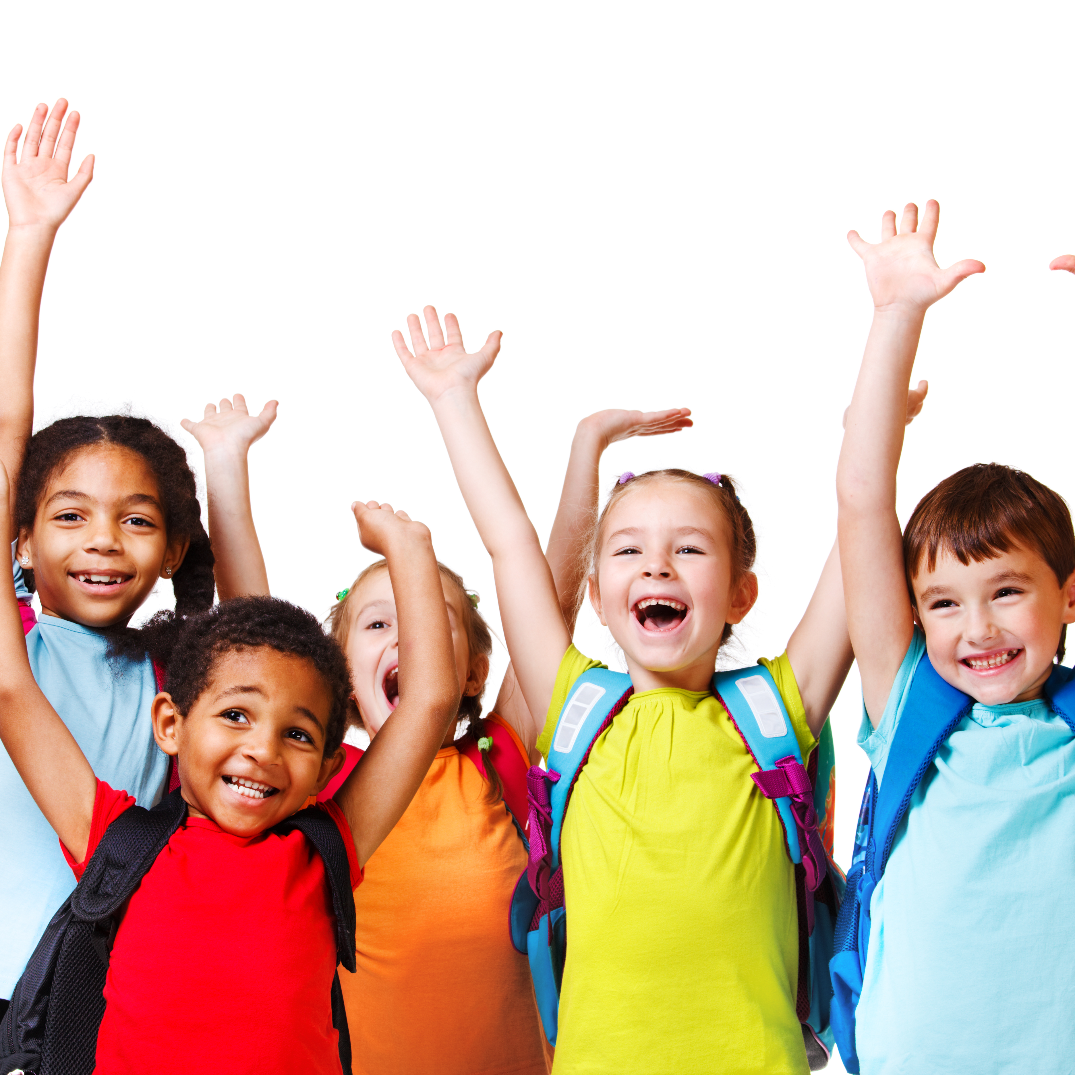 students raising hands with excitement