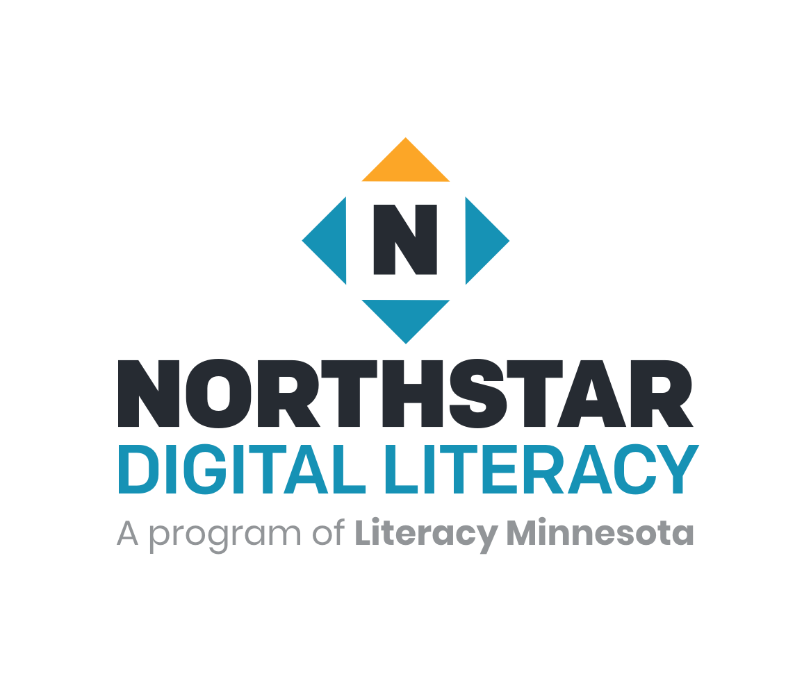 The logo for Northstar Digital Literacy, a program of Literacy Minnesota. It looks like the letter "N" surrounded by four triangles pointing up, down, left, and right. The top triangle is orange, and the other three are blue, mimicking a compass needle pointing north.