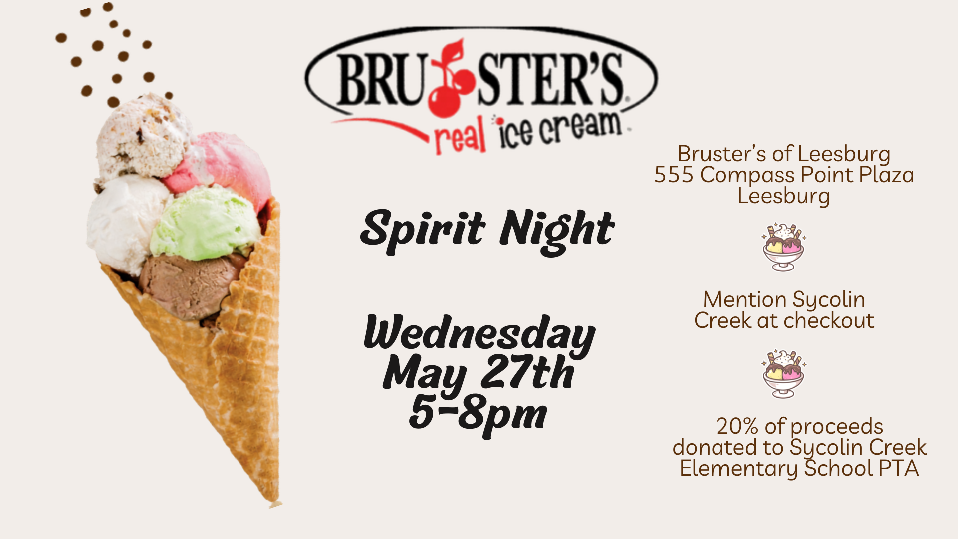 Bruster's Ice Cream Spirit Night May 27th