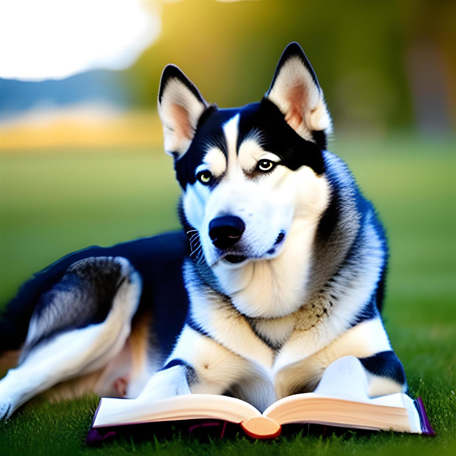 AI generated picture of a Husky dog with a book on its paws
