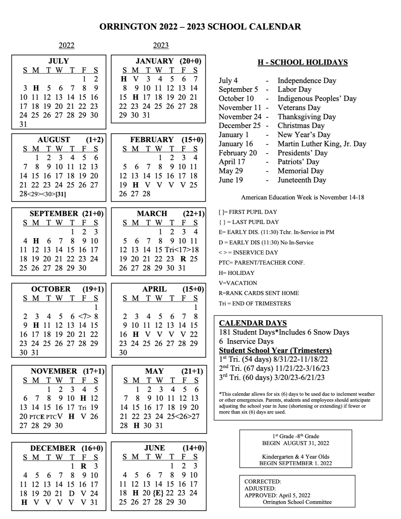 School Year Calendar 
