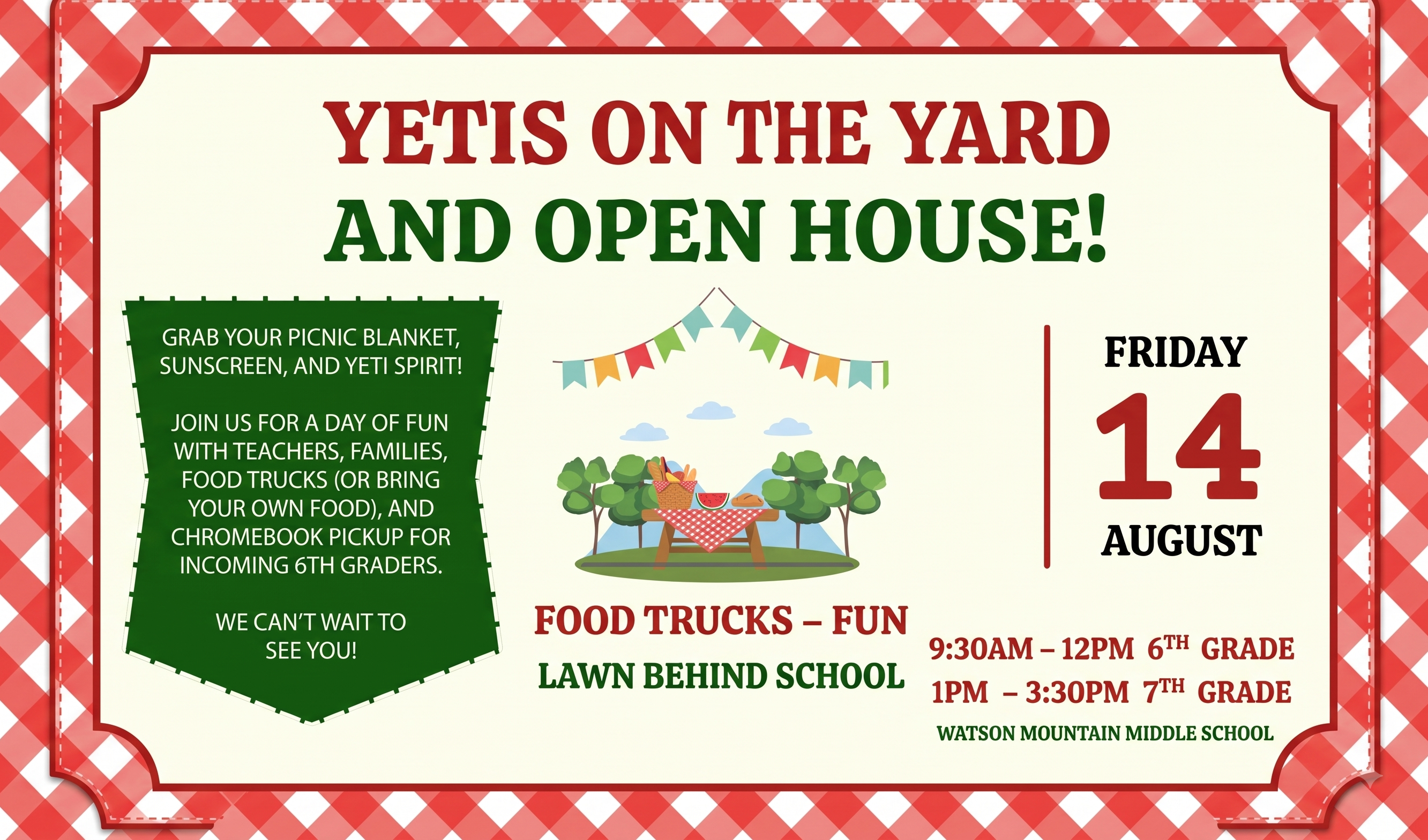 An invitation for "Yetis on the Yard and Open House" on Friday, August 14th. It features an outdoor scene with trees, food trucks, and a lawn.