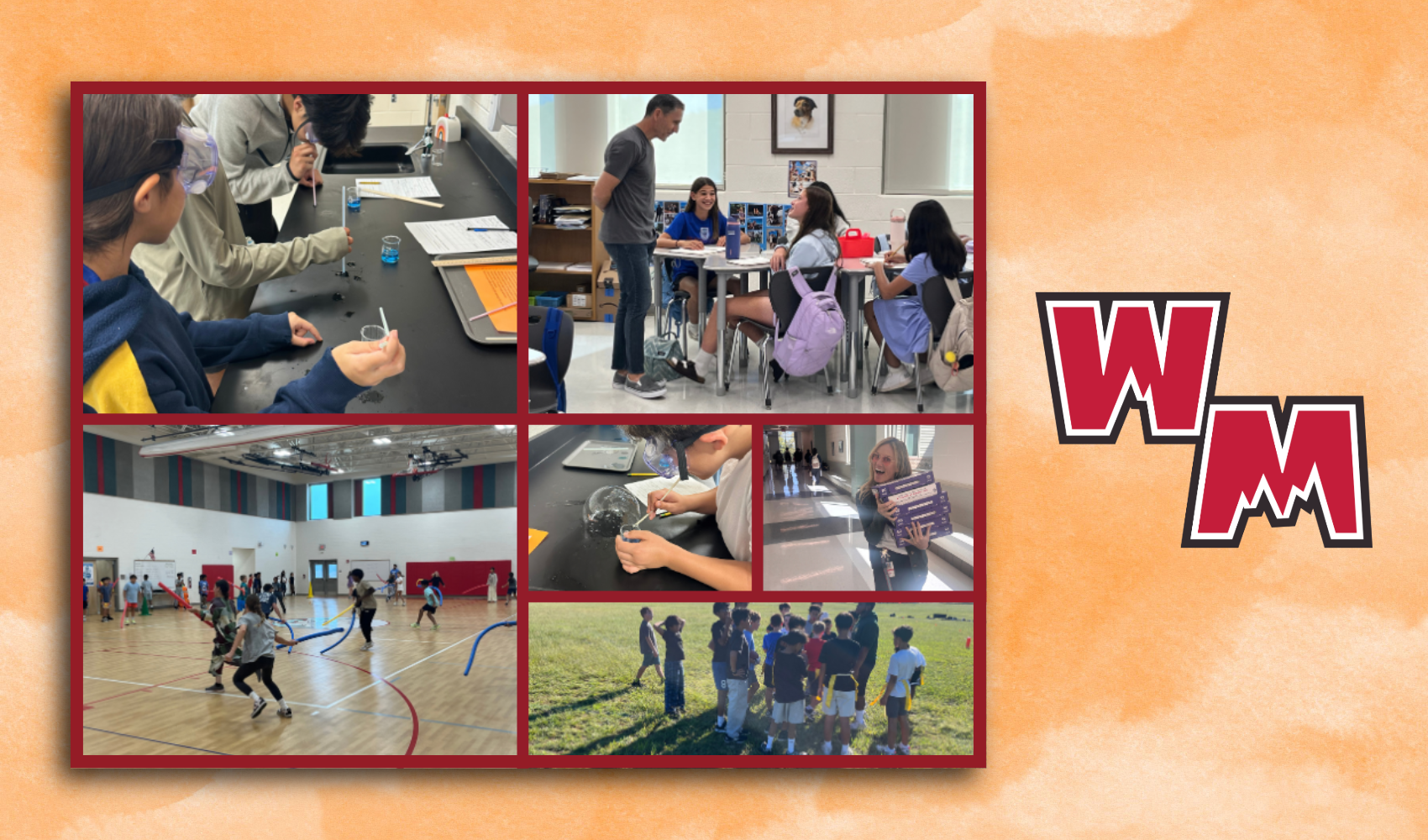 Four photos showing people inside a room and outdoors. One photo is of people doing an activity.