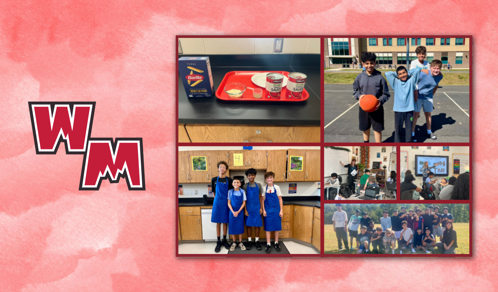 Collage with three photos: one of students cooking, one of students playing basketball, and one of students inside a room.