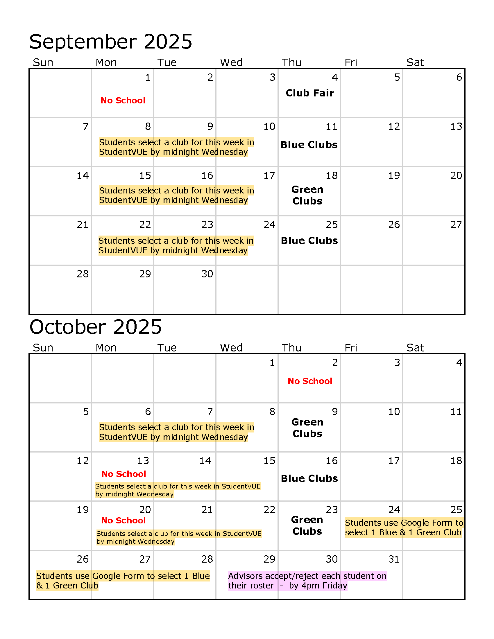 Sept and Oct 25 - club info