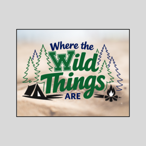 A graphic displays a campsite with pine trees, a tent, and a campfire, with the text "Where the Wild Things Are" in green.