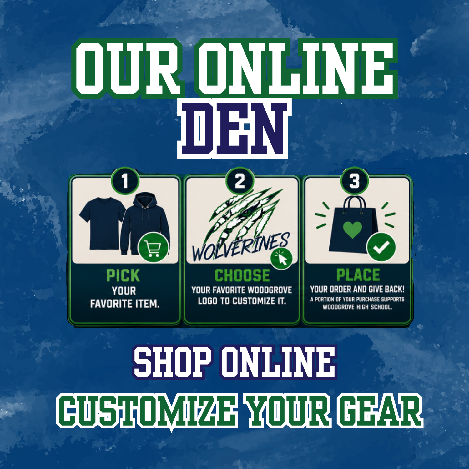 An advertisement features a blue background with three numbered steps for shopping. Steps include picking an item, customizing it, and placing an order.