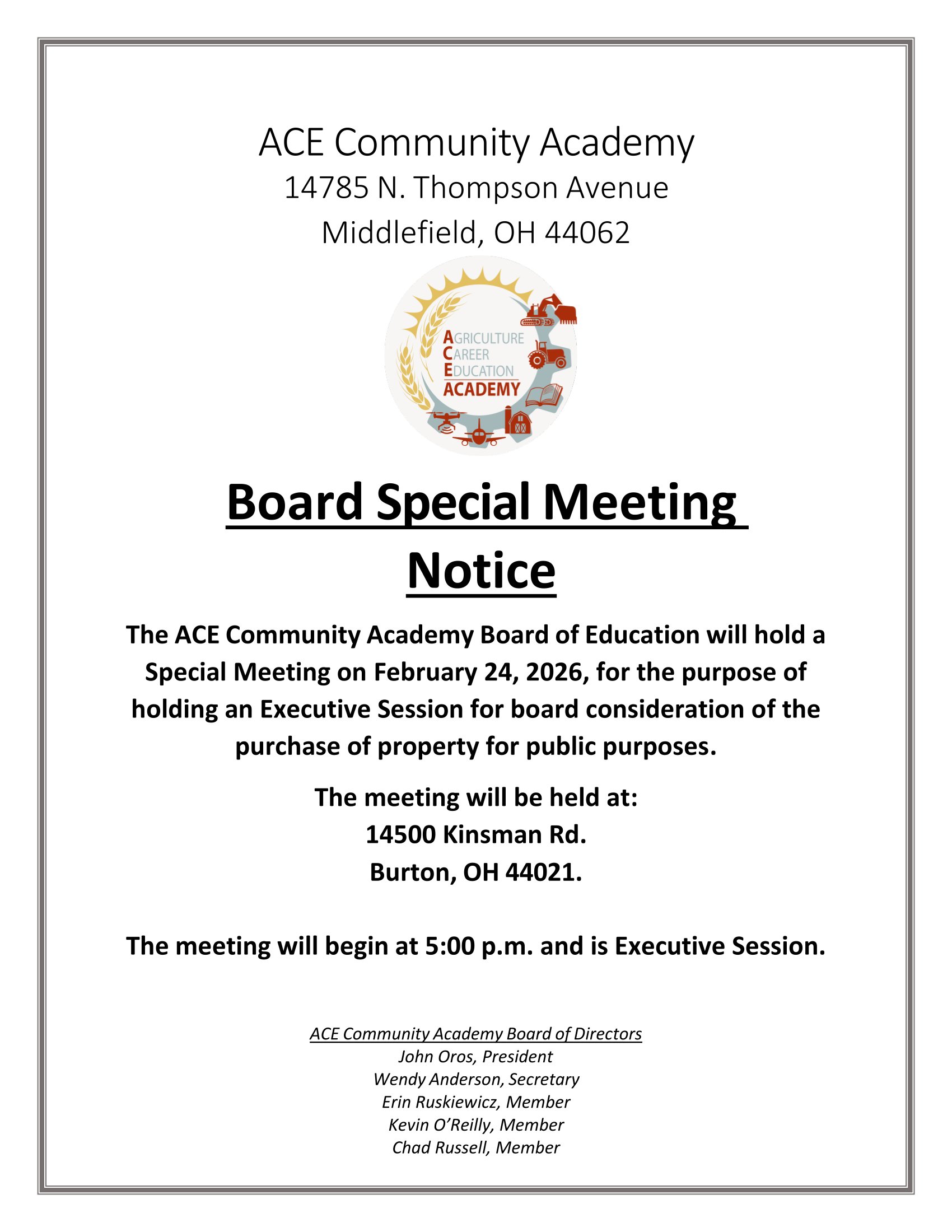 Special ACE Meeting for Executive Session on February 24th at 5:00 p.m. 