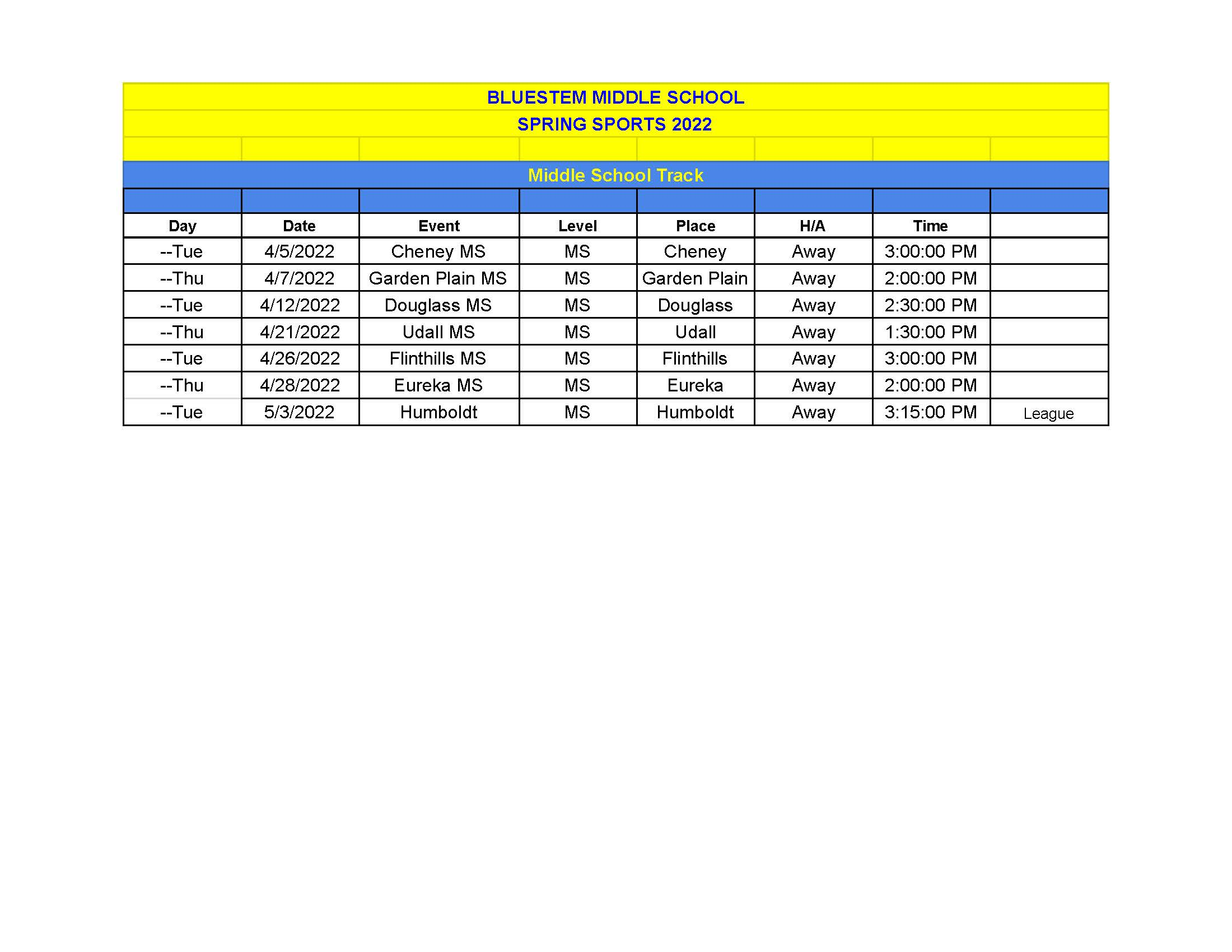 MIDDLE SCHOOL SPRING 2022 TRACK SCHEDULE