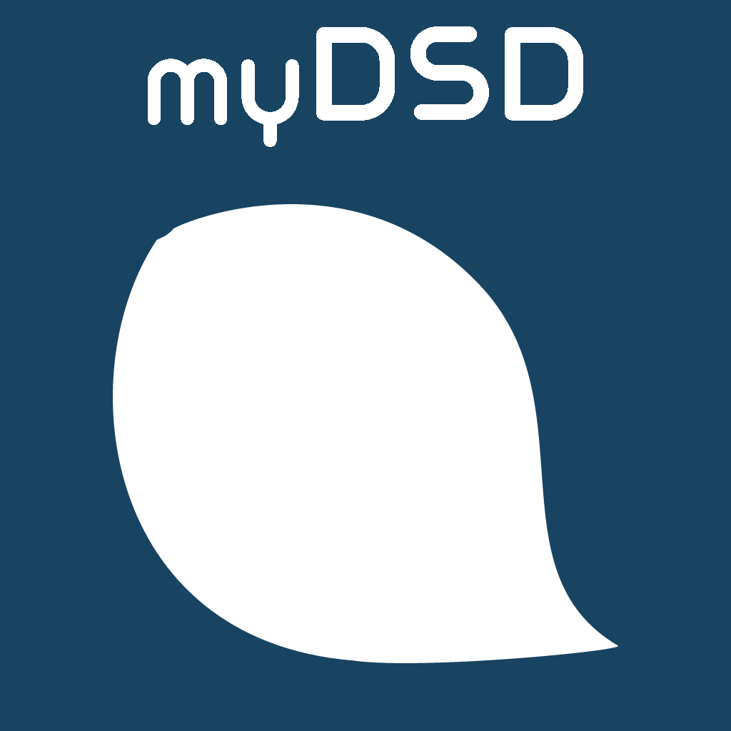Logo for myDSD featuring white text and a stylized white leaf graphic on a dark blue background.