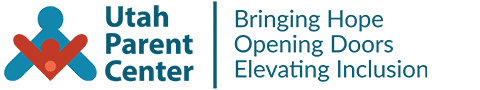 Logo for the Utah Parent Center, featuring an abstract icon of a large blue figure embracing a smaller red figure, followed by the organization's name in dark teal text.