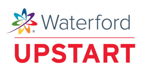 Logo for Waterford UPSTART, featuring a multi-colored stylized atom symbol next to the word 'Waterford' in gray, separated by a red horizontal line from the word 'UPSTART' in bold red capital letters below.