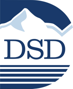 A blue and white logo shaped like a stylized letter 'D'. It features a snow-capped mountain silhouette at the top, the acronym 'DSD' in the center, and horizontal blue lines at the bottom representing water.