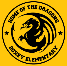 A circular yellow and black seal featuring a stylized black dragon in the center. The words 'HOME OF THE DRAGONS' are arched across the top, and 'DOXEY ELEMENTARY' is arched across the bottom. Two black stars separate the top and bottom text.