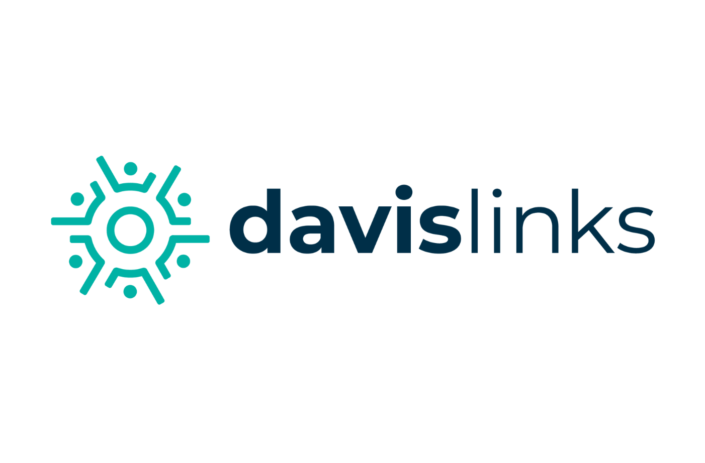 Logo for "davislinks" featuring a teal circular icon on the left made of stylized human figures holding hands around a central ring, followed by the company name in a bold, dark navy sans-serif font.