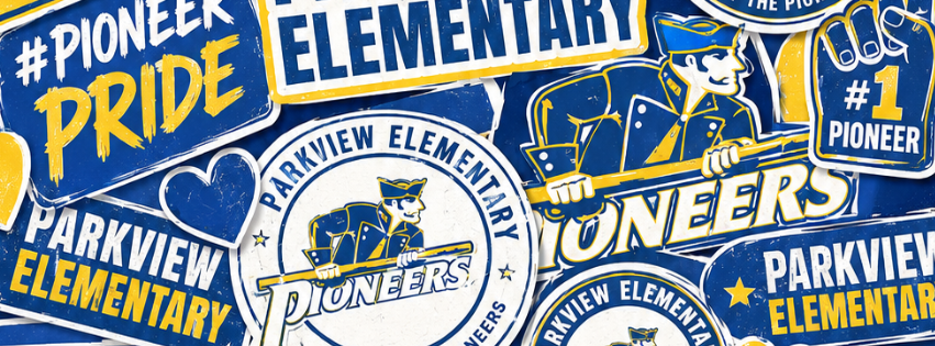 Multiple stickers feature the text "Pioneers" and "Parkview Elementary," with various logos and illustrations.