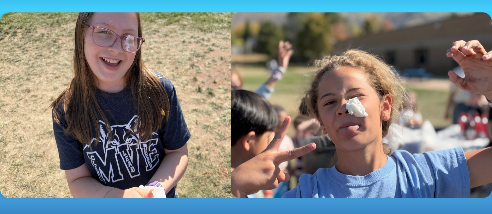 Two girls outside with whipped cream on their faces.