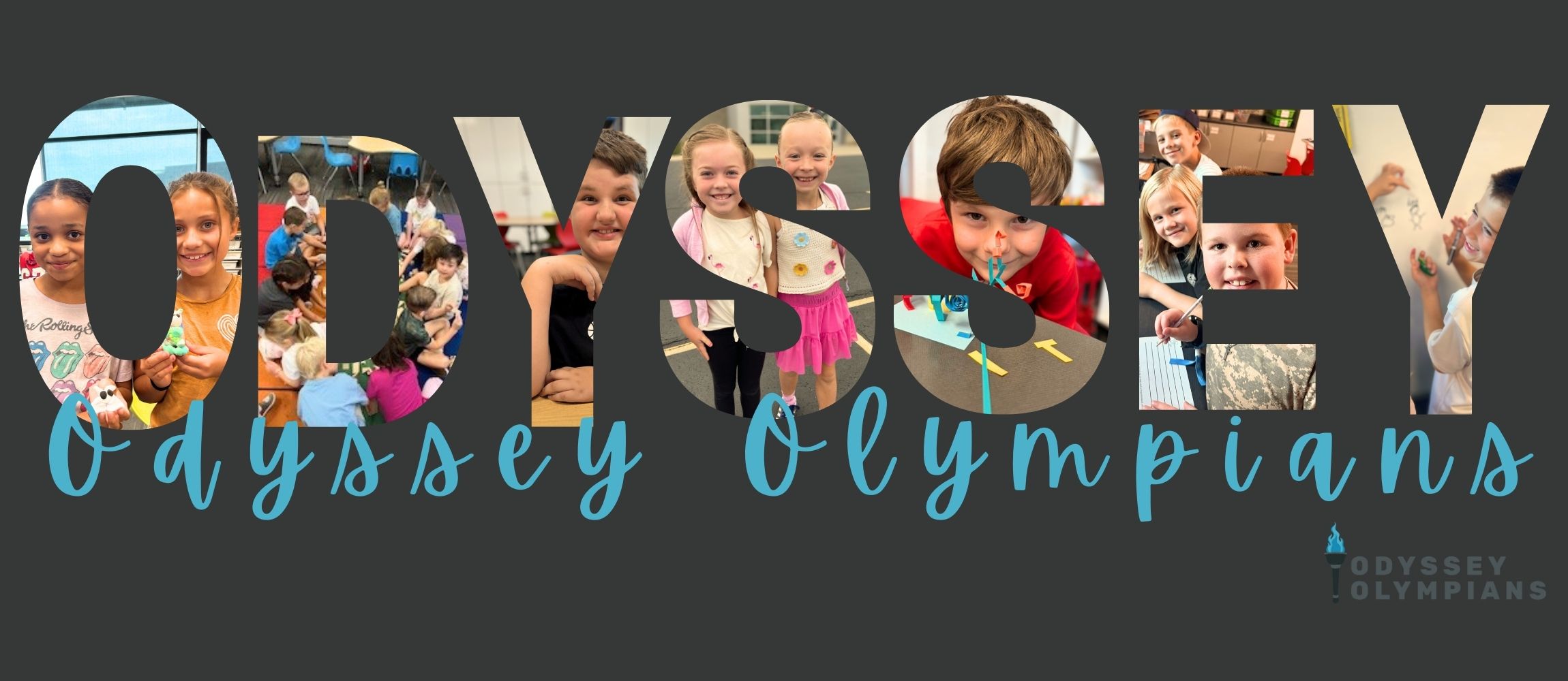 Graphic reading ‘Odyssey Olympians’ with the word ‘Odyssey’ filled with photos of students learning, playing, and participating in school activities