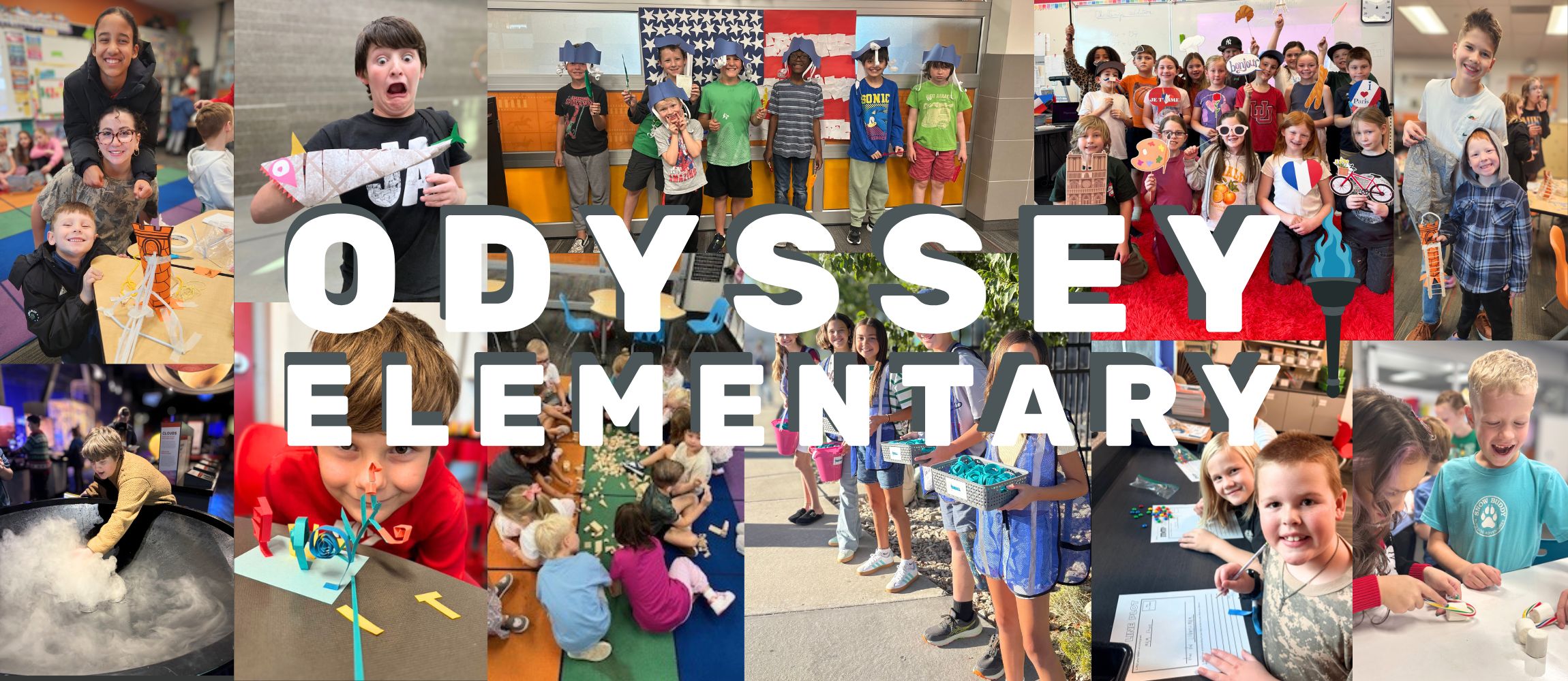 Collage of Odyssey Elementary students smiling and participating in hands-on activities including art projects, buddy time, classroom lessons, and group celebrations, with the words “Odyssey Elementary” displayed across the center of the image.